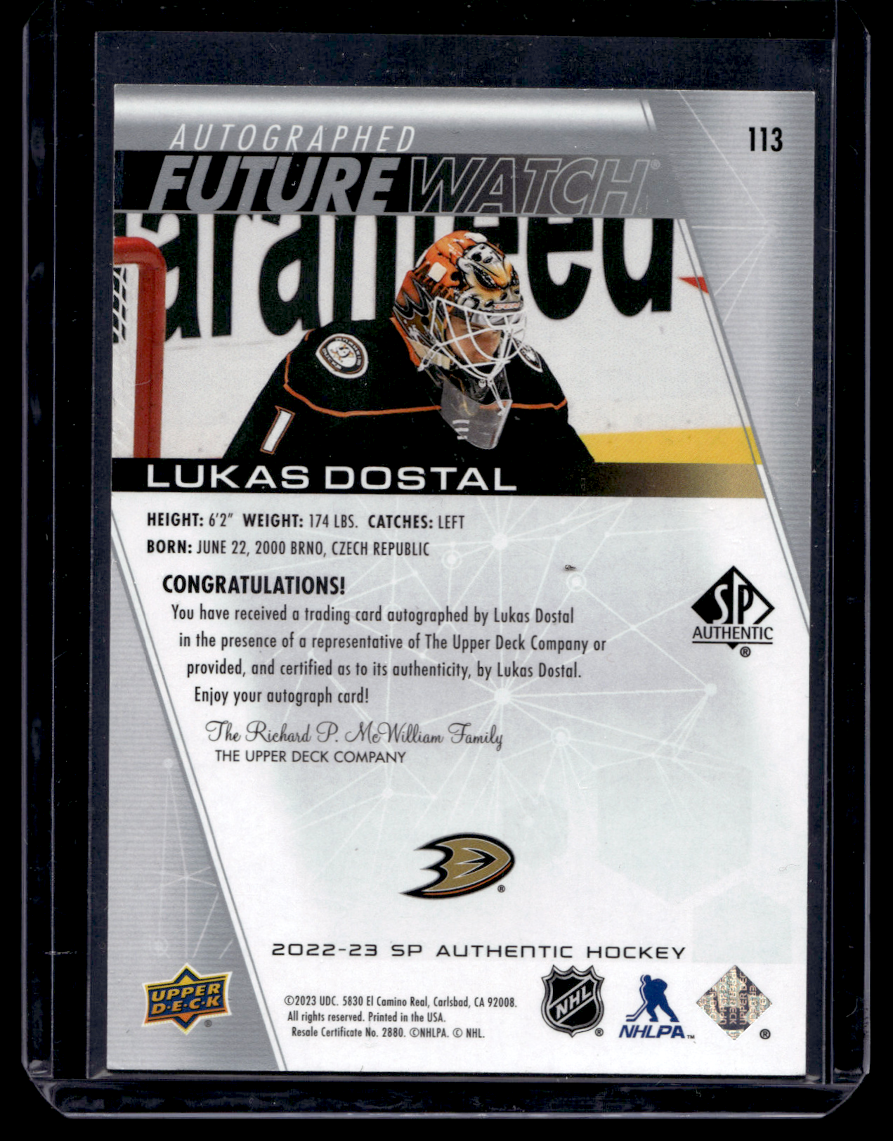 2022-23 Upper Deck SP Authentic -  Autographed Future Watch - Lukas Dostal  #113 /999 RC
