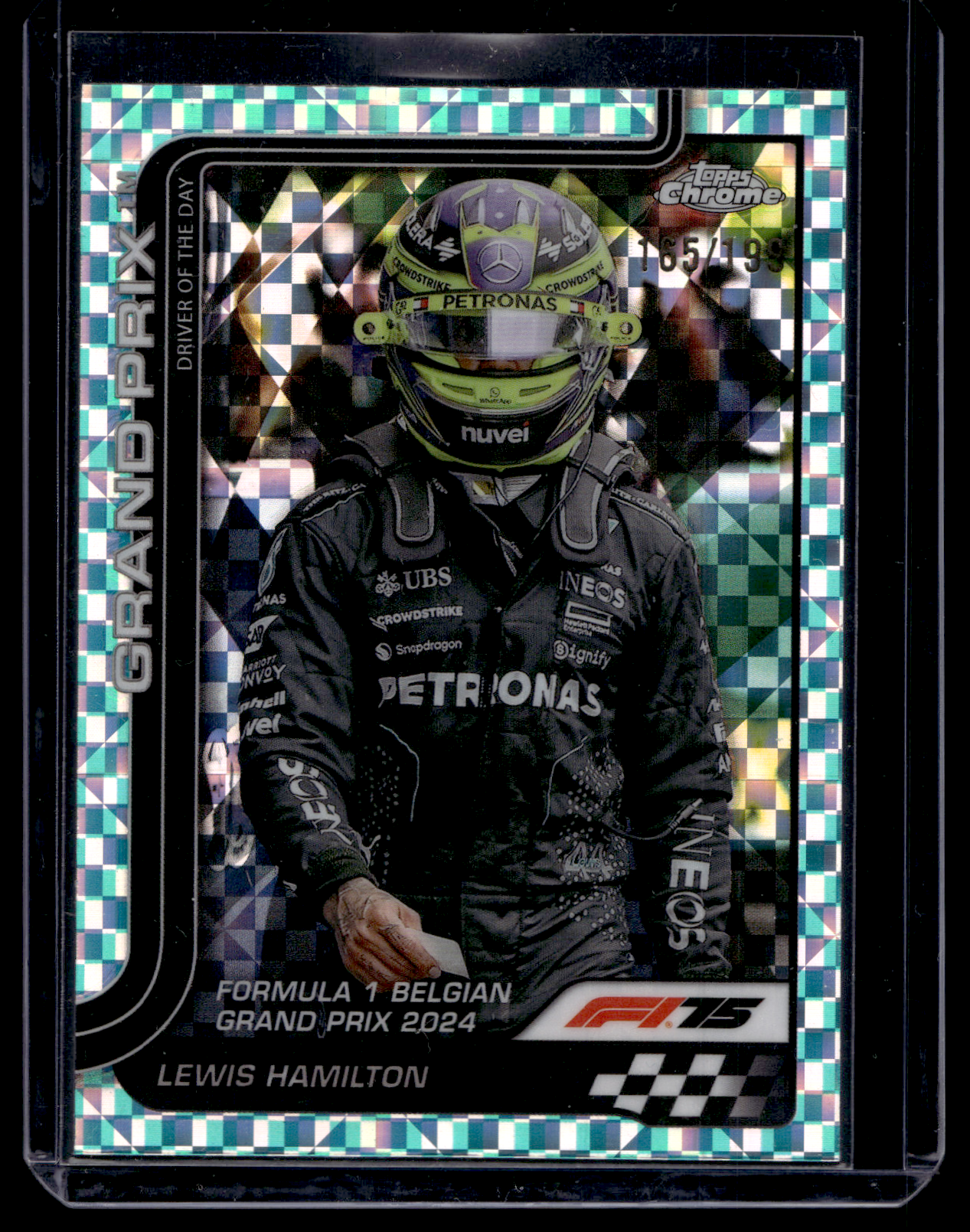 2025 Topps Chrome Formula 1 - Aqua Checker Flag Refractor - Grand Prix Driver of the Day - Lewis Hamilton #135 /199