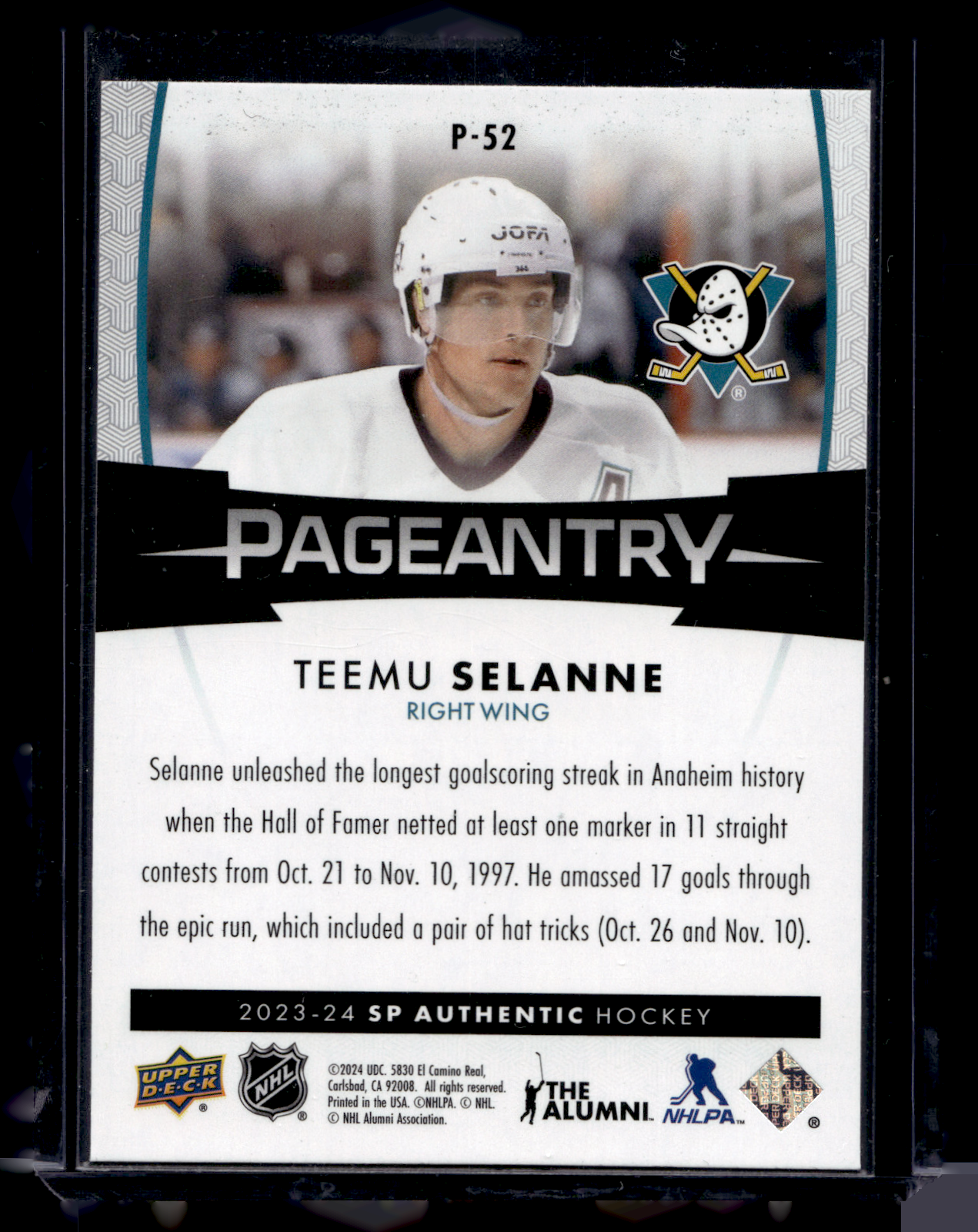 2023-24 Upper Deck SP Authentic - Pageantry - Teemu Selanne #P-52