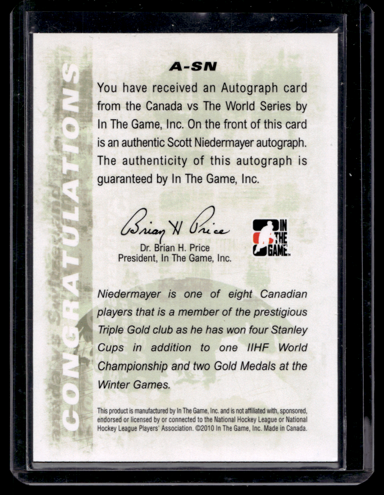 2011-12 In the Game Canada VS the World - Autographs - Scott Niedermayer #A-SN