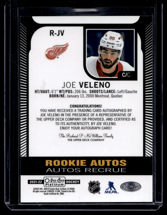 2021-22 Upper Deck OPC Platinum - Rookie Autographs - Joe Veleno #R-JV RY