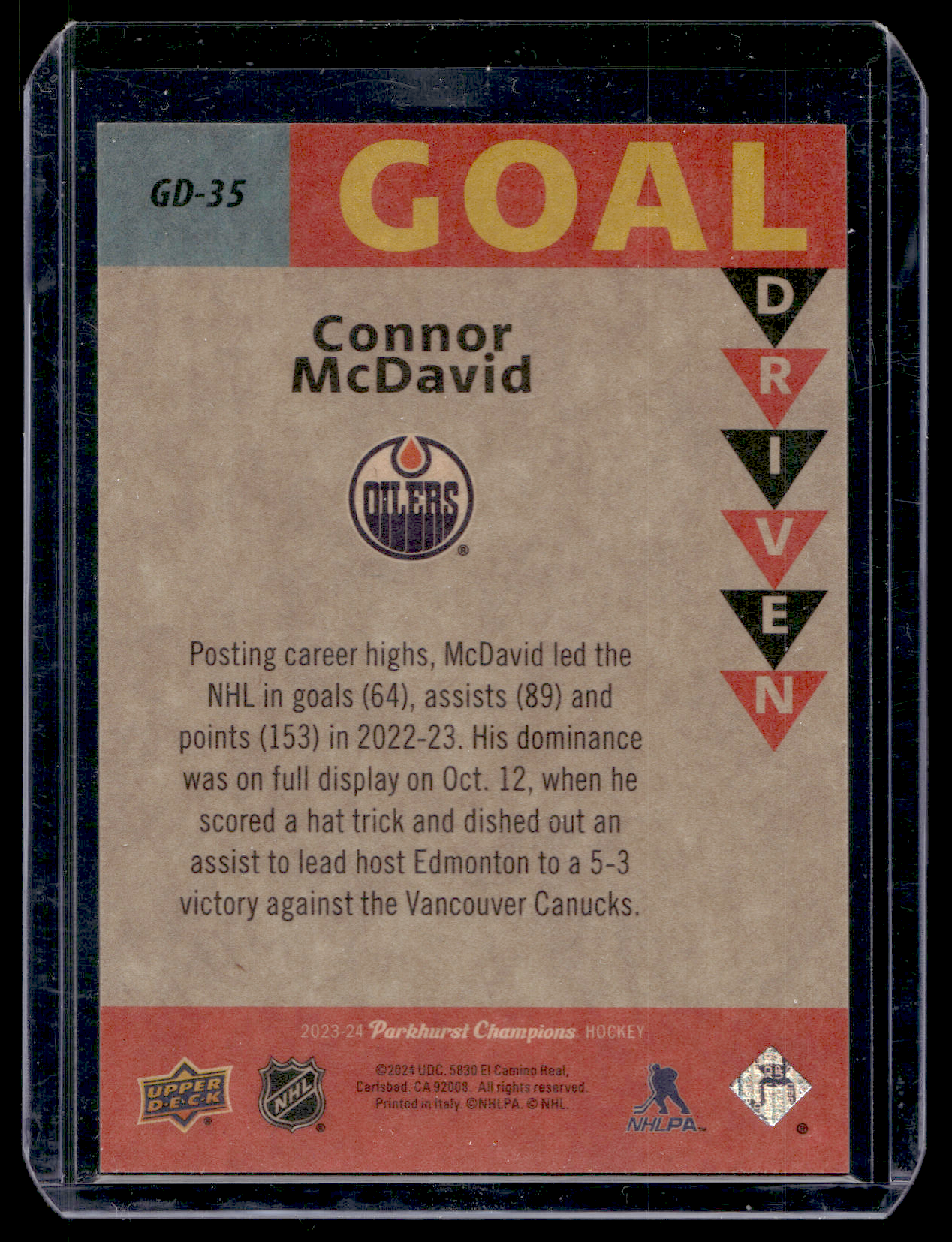 2023-24 Upper Deck Parkhurst Champions - Goal Driven - Gold - Connor McDavid #GD-35 /349