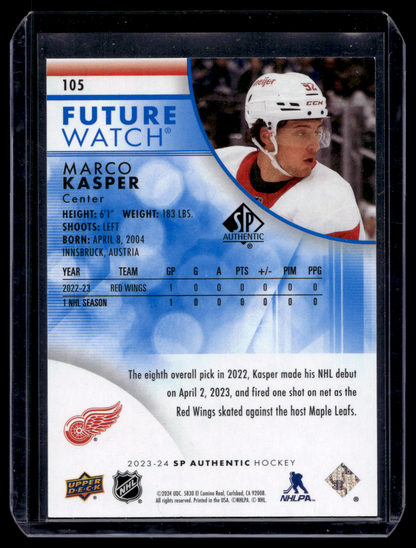 2023-24 Upper Deck SP Authentic - Blue Limited -  Future Watch - Marco Kasper #105 /399 RC