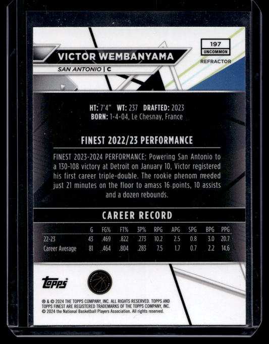 2023-24 Topps Finest - Refractor - Victor Wembanyama #197 RY