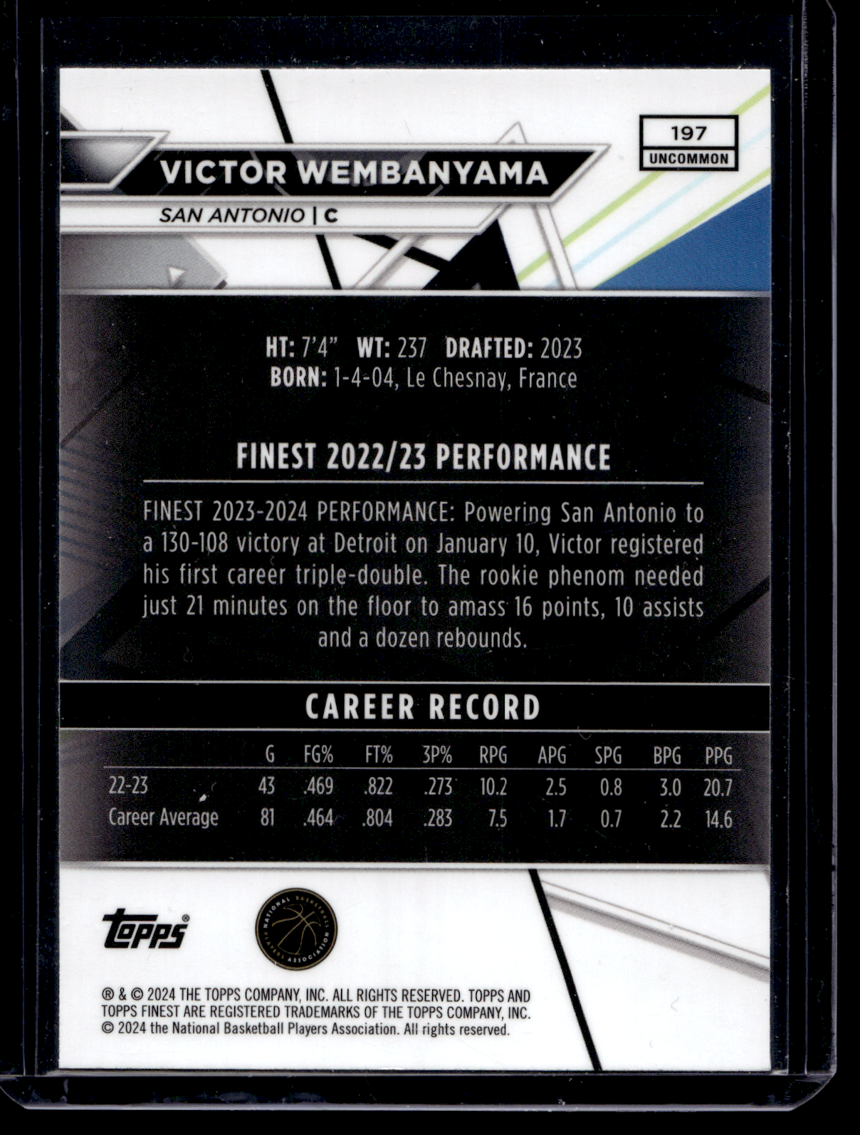 2023-24 Topps Finest - Checkerboard Refractor - Victor Wembanyama #197 RY