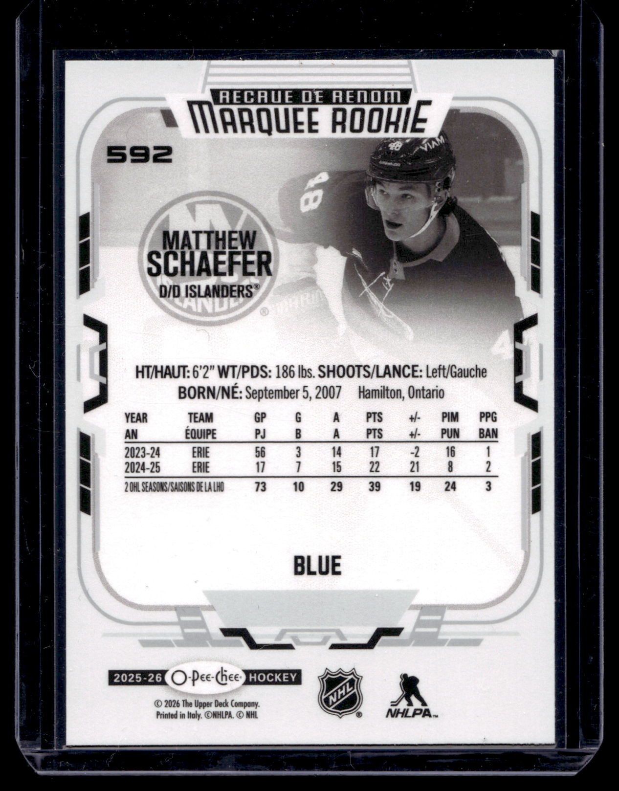 2025-26 O-Pee-Chee - Blue Border - Marquee Rookies - Matthew Schaefer #592 RC