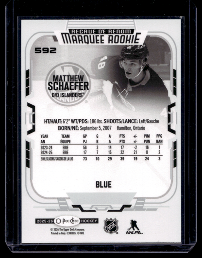 2025-26 O-Pee-Chee - Blue Border - Marquee Rookies - Matthew Schaefer #592 RC