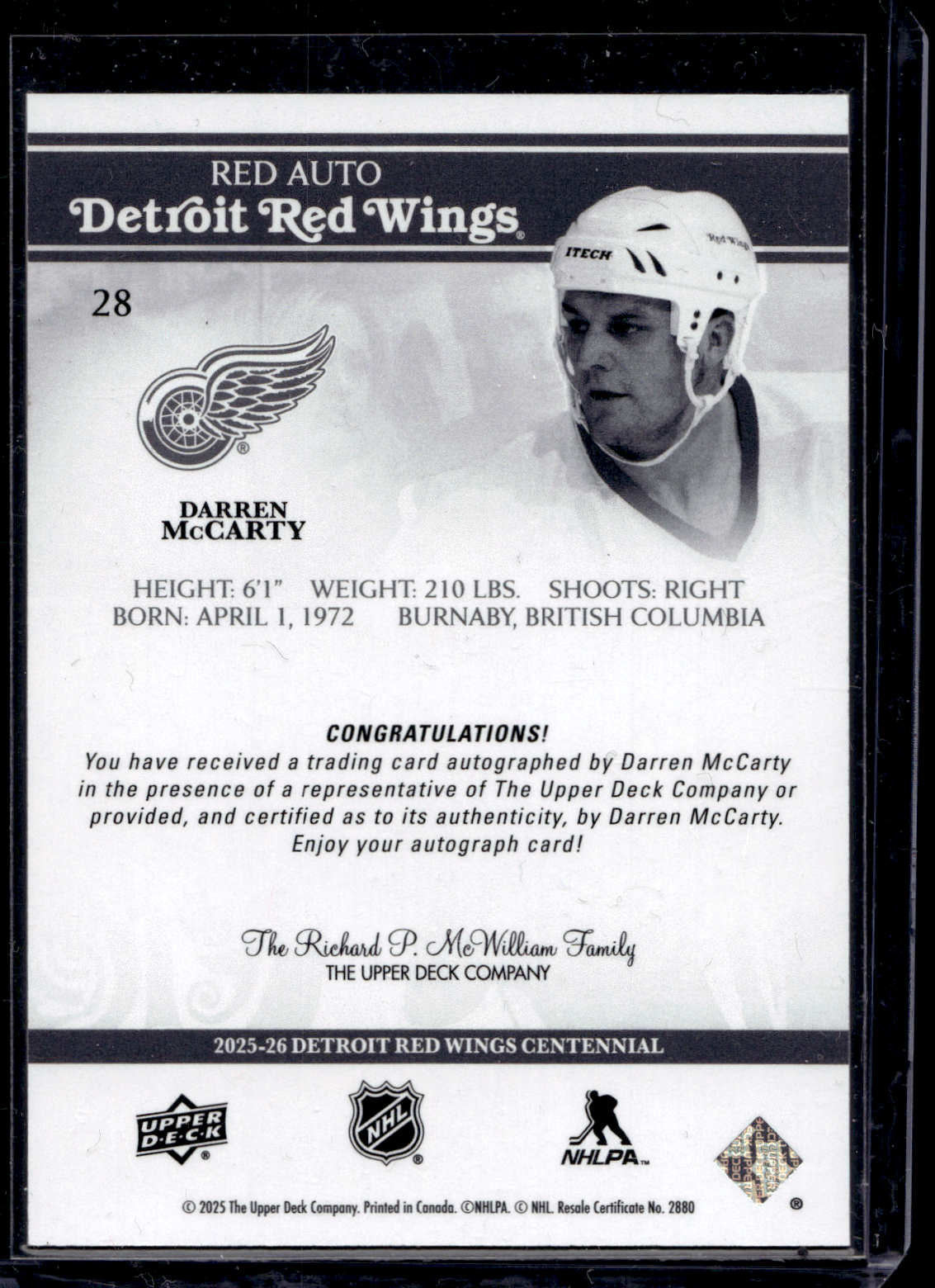 2025-26 Upper Deck Detroit Red Wings Centennial - Red Autographs - Darren McCarty #28