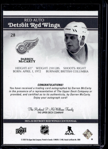 2025-26 Upper Deck Detroit Red Wings Centennial - Red Autographs - Darren McCarty #28
