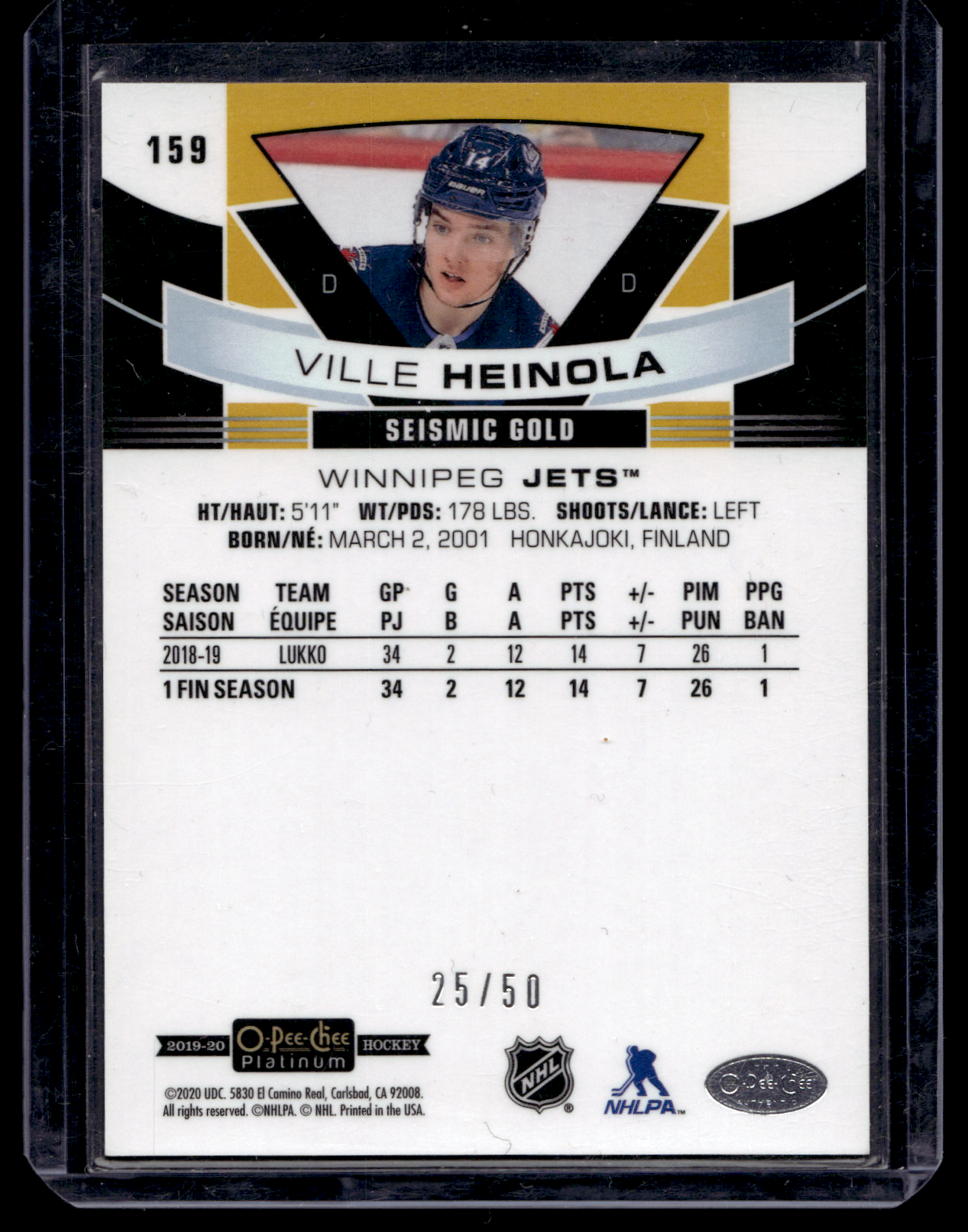 2019-20 O-Pee-Chee Platinum - Seismic Gold - Marquee Rookies - Ville Heinola #159 /50 RC