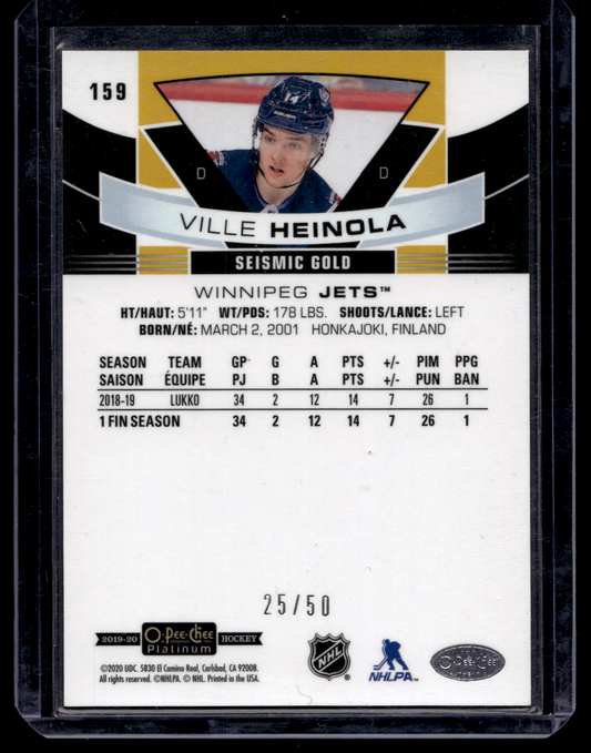 2019-20 O-Pee-Chee Platinum - Seismic Gold - Marquee Rookies - Ville Heinola #159 /50 RC