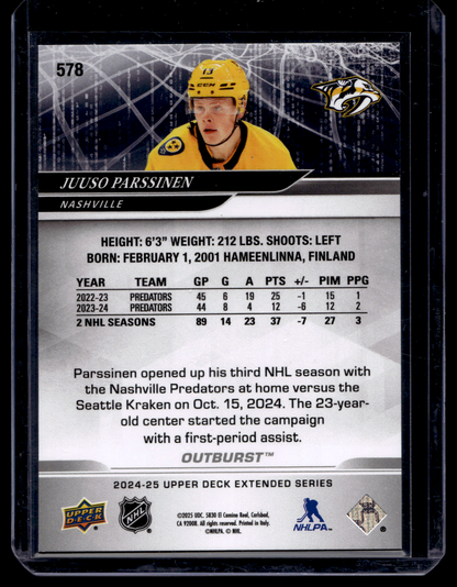 2024-25 Upper Deck Extended Series - Outburst Red - Juuso Parssinen #578 /25