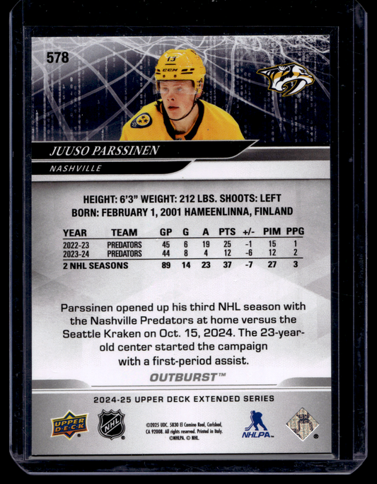 2024-25 Upper Deck Extended Series - Outburst Red - Juuso Parssinen #578 /25