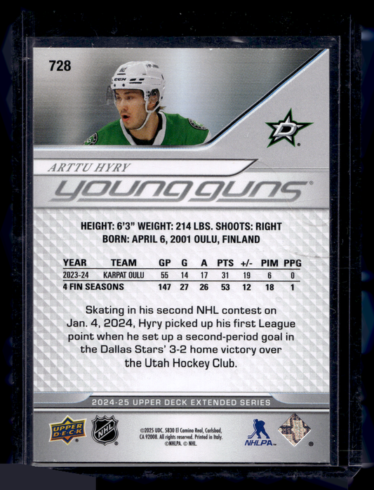 2024-25 Upper Deck Extended Series - Exclusives - Young Guns - Arttu Hyry #728 /100 RC