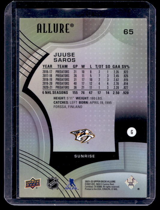 2021-22 Upper Deck Allure - Sunrise - Juuse Saros #65
