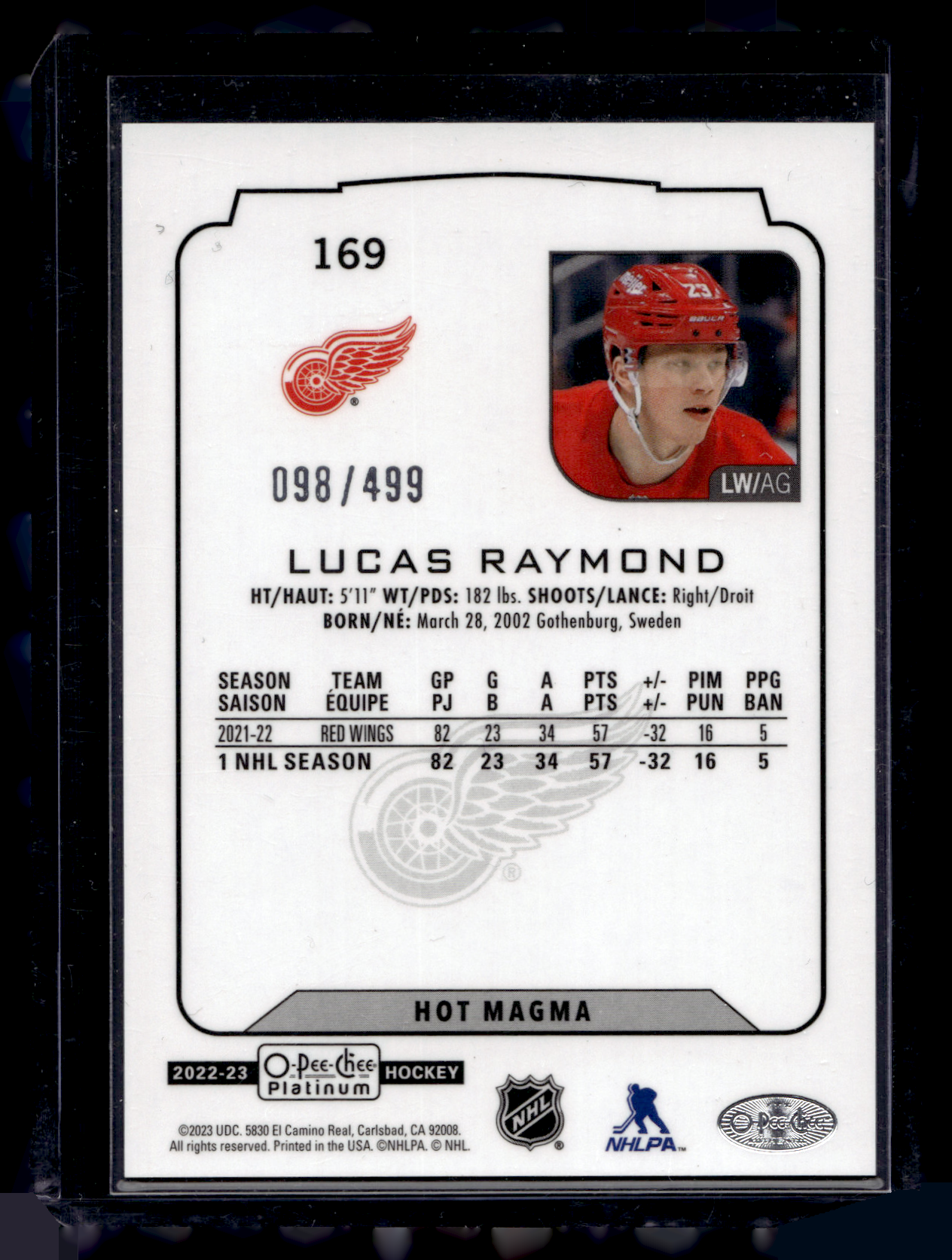 2022-23 Upper Deck OPC Platinum - Hot Magma - Lucas Raymond #169 /499