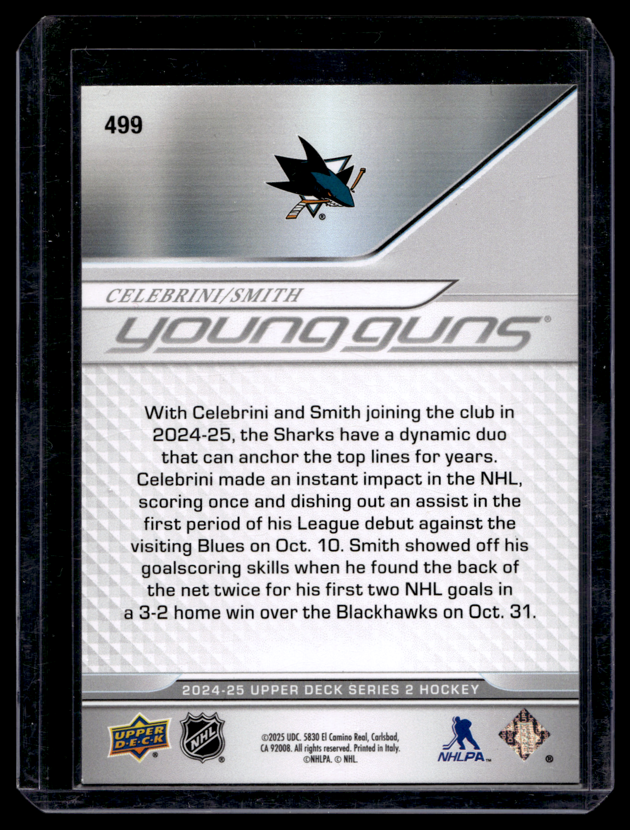2024-25 Upper Deck Series 2 - Young Guns - Macklin Celebrini / Will Smith  #499 RC
