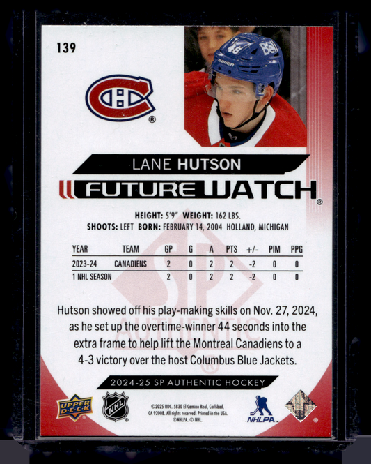 2024-25 Upper Deck SP Authentic - Limited Red - Future Watch - Lane Hutson #139 RC
