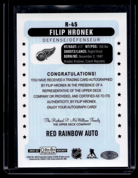 2021-22 Upper Deck OPC Platinum - Retro - Rainbow Red Autographs - Filip Hronek #R-45