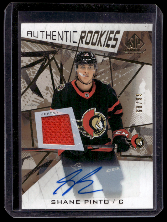 2021-22 Upper Deck SP Game Used - Gold Jersey Autographs - Authentic Rookies - Shane Pinto #185 /99 RC