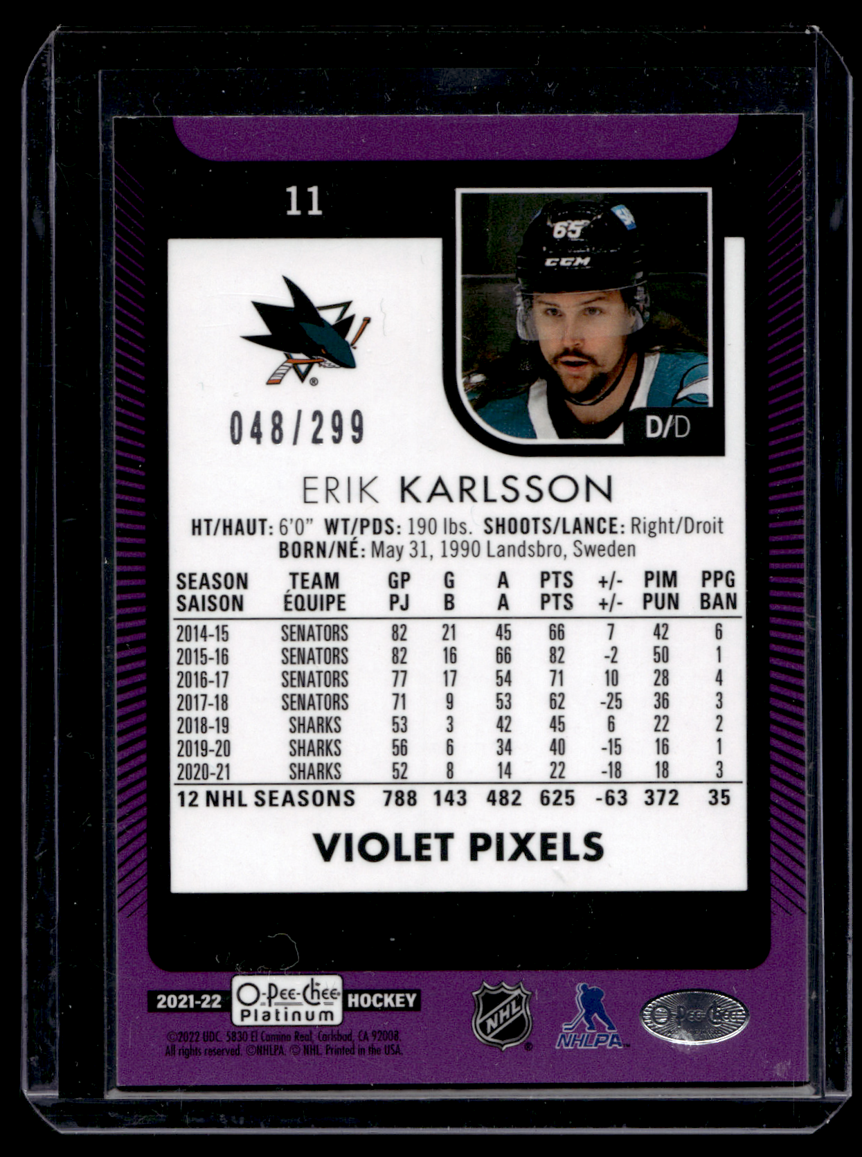 2021-22 Upper Deck OPC Platinum - Violet Pixels - Erik Karlsson #11 /299