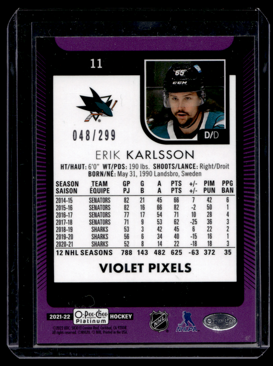 2021-22 Upper Deck OPC Platinum - Violet Pixels - Erik Karlsson #11 /299
