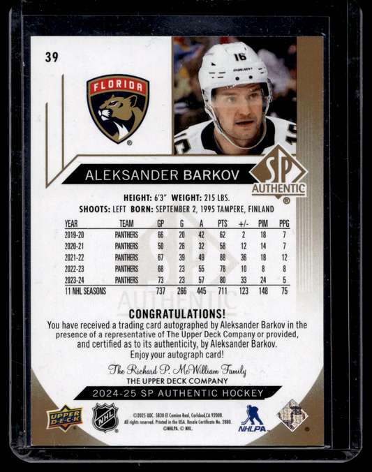 2024-25 Upper Deck SP Authentic - Limited Autographs - Aleksander Barkov #39