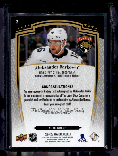 2024-25 Upper Deck Stature - Green Autographs - Aleksander Barkov #2 /199