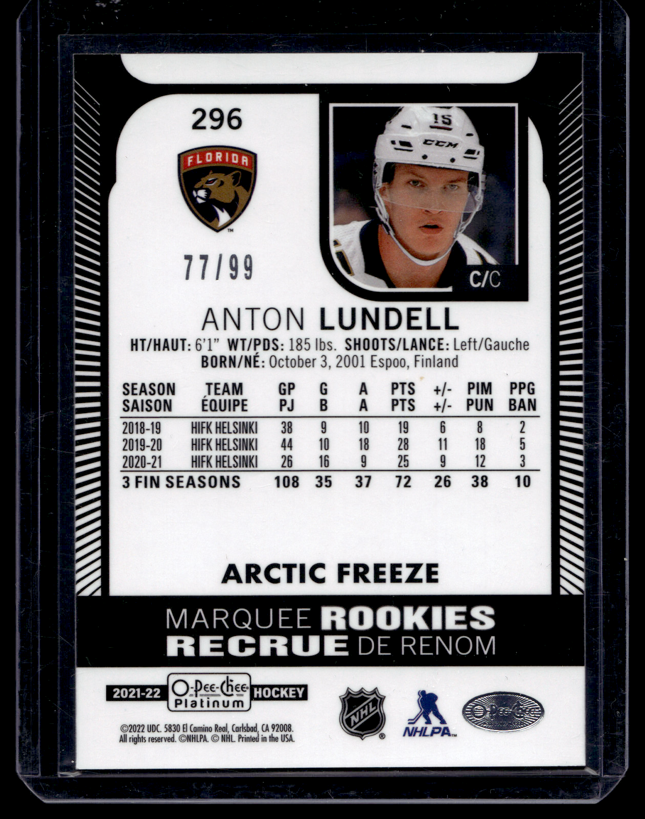 2021-22 Upper Deck OPC Platinum - Arctic Freeze - Marquee Rookies - Anton Lundell  #296 /99 RC