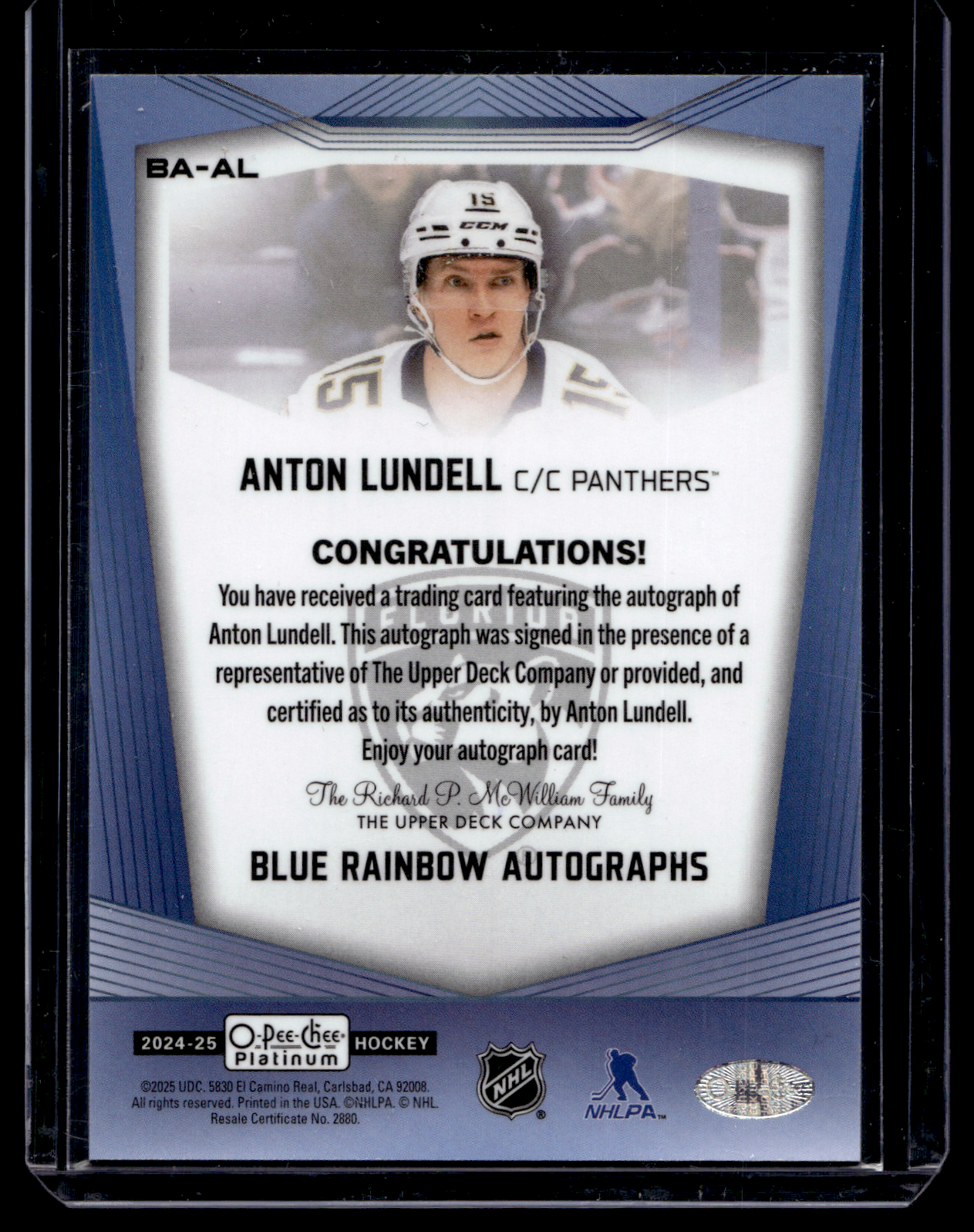 2024-25 Upper Deck OPC Platinum - Blue Rainbow Autographs - Anton Lundell #BA-AL
