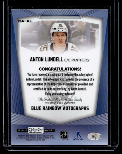 2024-25 Upper Deck OPC Platinum - Blue Rainbow Autographs - Anton Lundell #BA-AL