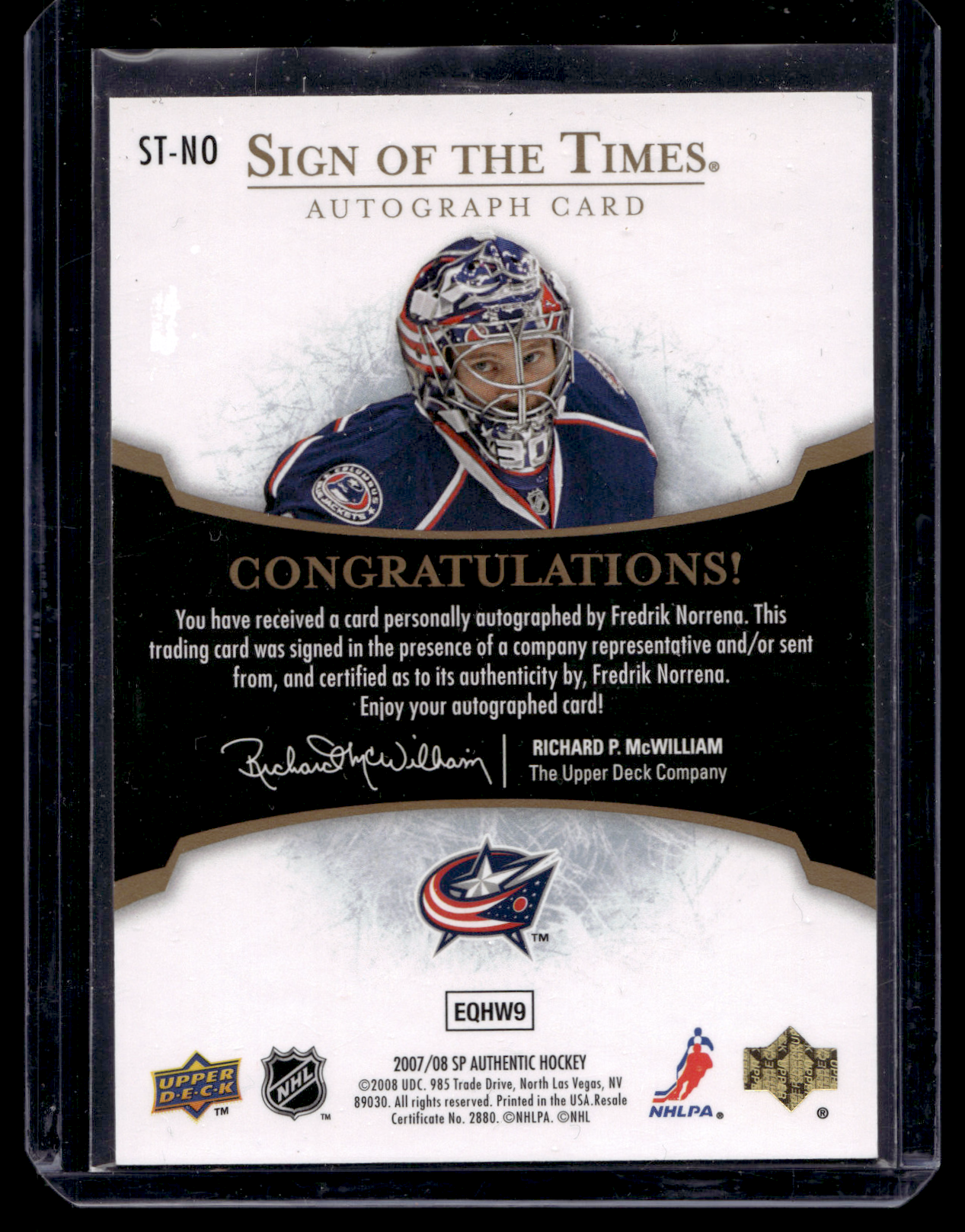 2007-08 Upper Deck SP Authentic - Sign of the Times - Fredrik Norrena #ST-NO