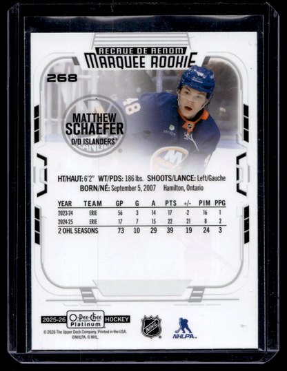 2025-26 Upper Deck OPC Platinum - Marquee Rookies - Matthew Schaefer #268 RC