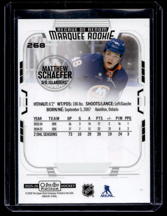 2025-26 Upper Deck OPC Platinum - Marquee Rookies - Matthew Schaefer #268 RC