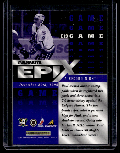 1997-98 Pinnacle - Epix - Purple Game - Paul Kariya #E19