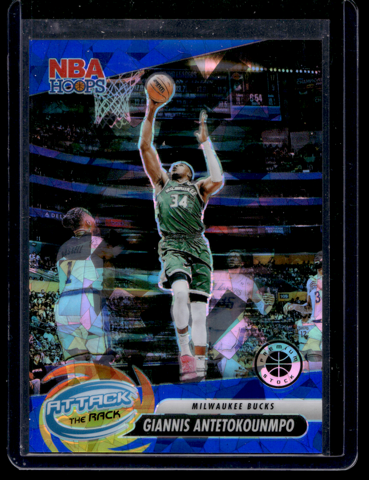 2023-24 Panini NBA Hoops Premium Stock - Attack The Rack - Blue Ice Prizm - Giannis Antetokounmpo #2 /99