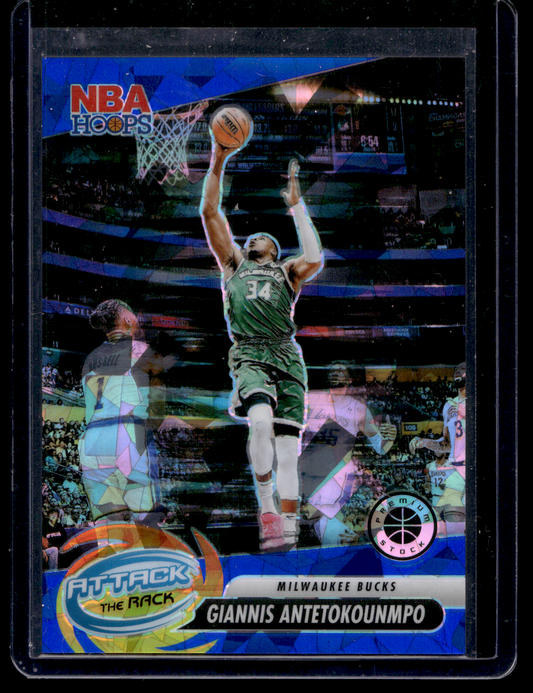 2023-24 Panini NBA Hoops Premium Stock - Attack The Rack - Blue Ice Prizm - Giannis Antetokounmpo #2 /99