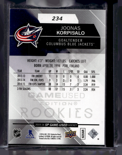 2015-16 Upper Deck SP Game-Used - Authentic Rookies - Joonas Korpisalo #234 /70 RC