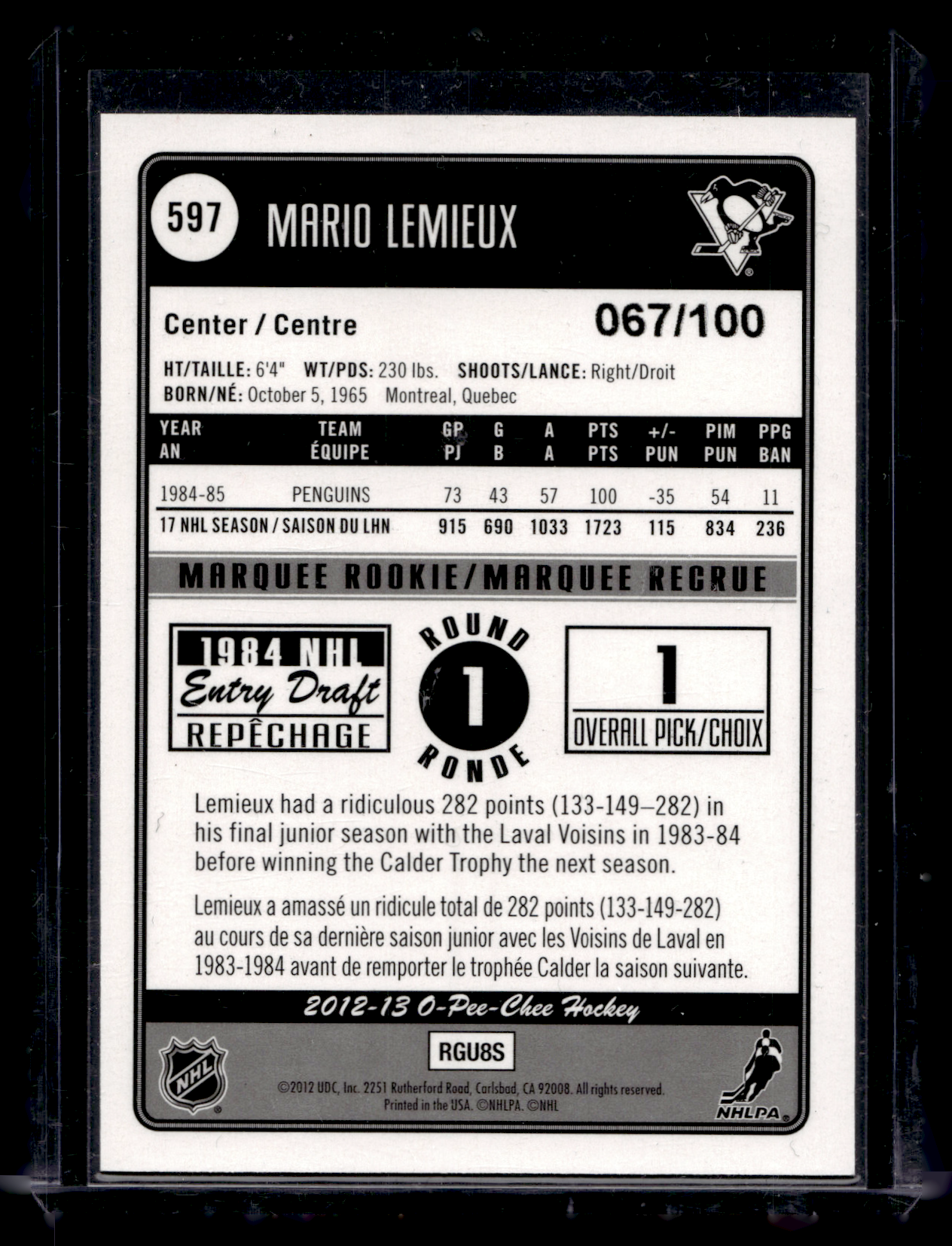 2012-13 O-Pee-Chee - Black Rainbow Foil - Marquee Rookie - Mario Lemieux #598 /100
