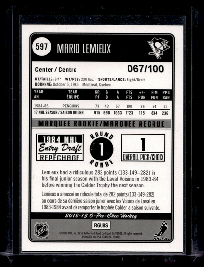 2012-13 O-Pee-Chee - Black Rainbow Foil - Marquee Rookie - Mario Lemieux #598 /100