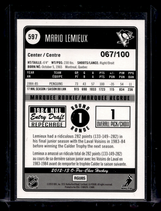 2012-13 O-Pee-Chee - Black Rainbow Foil - Marquee Rookie - Mario Lemieux #598 /100
