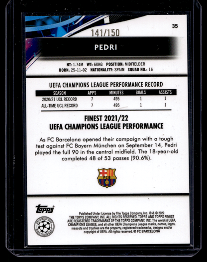 2021-22 Topps Finest UEFA Champions League - Blue Refractor - Pedri #35 /150