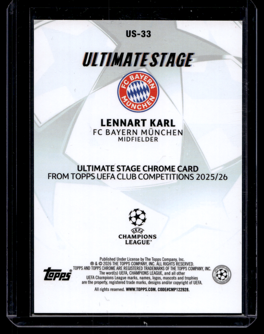 2025-26 Topps UEFA Club Competitions - Ultimate Stage Chrome - Blue Refractor - Lennart Karl #US-33 /150 RY