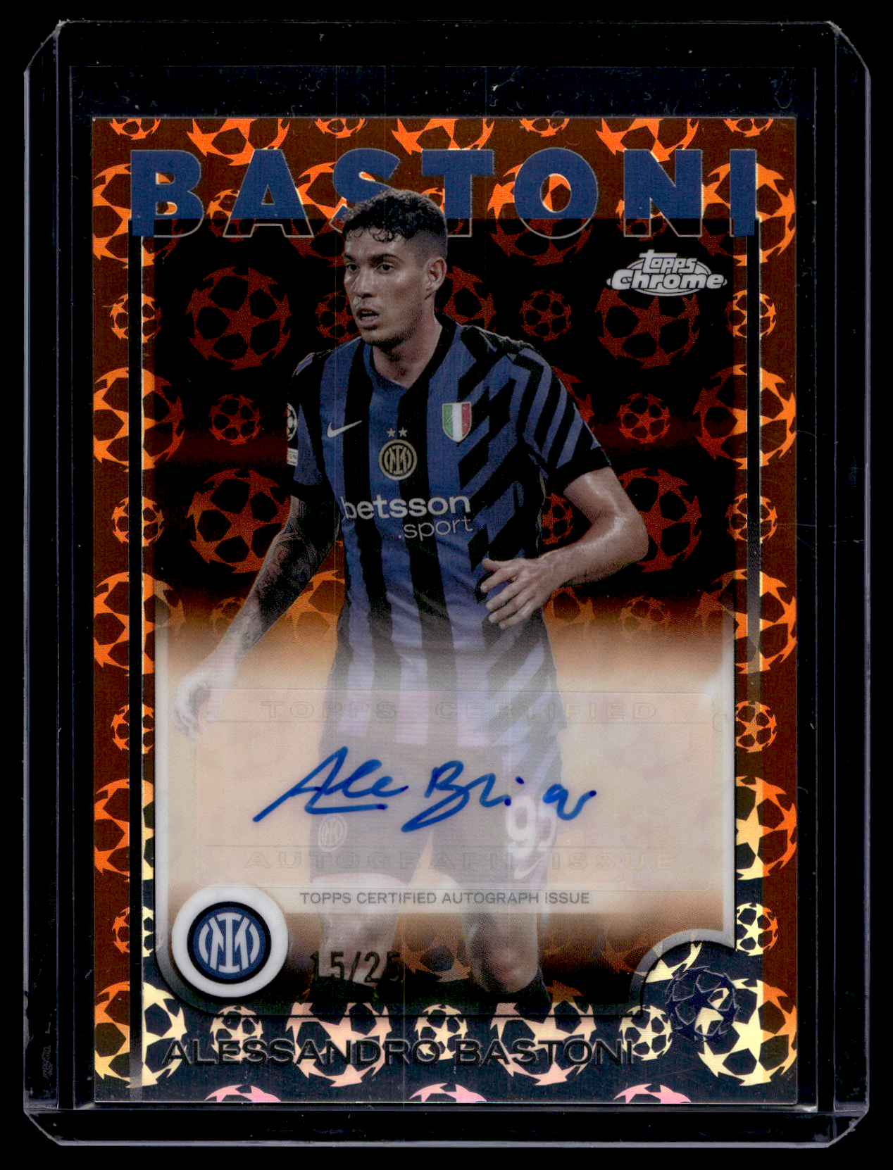 2024-25 Topps Chrome UEFA Club Competitions - Chrome Autographs - Orange Starball Refractor - Alessandro Bastoni #CA-AB /25