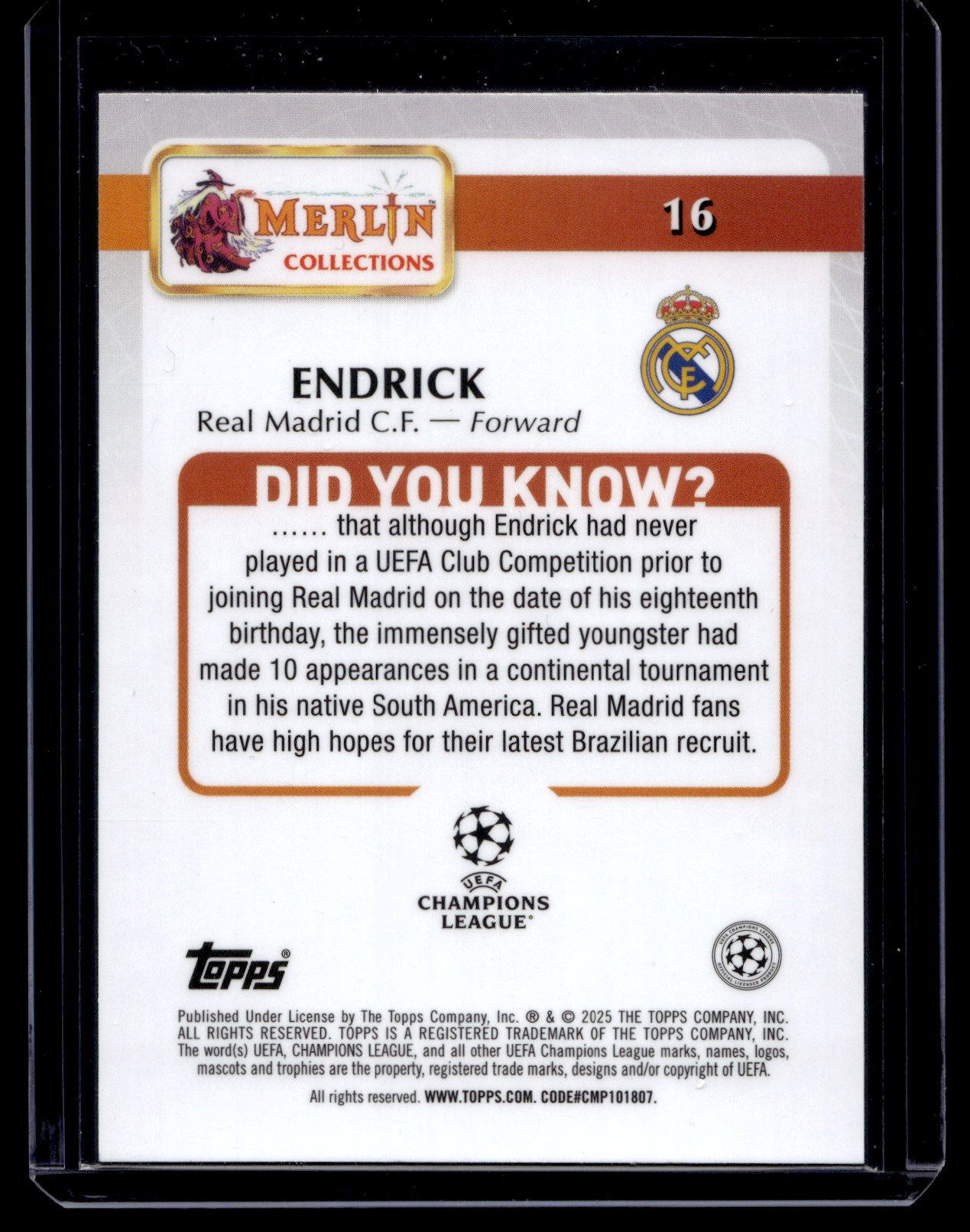 2024-25 Topps Merlin UEFA Club Competitions - Magenta Refractor - Endrick #16 /125 RC