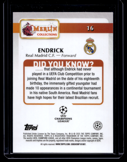 2024-25 Topps Merlin UEFA Club Competitions - Magenta Refractor - Endrick #16 /125 RC