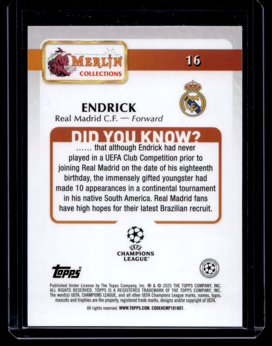 2024-25 Topps Merlin UEFA Club Competitions - Magenta Refractor - Endrick #16 /125 RC