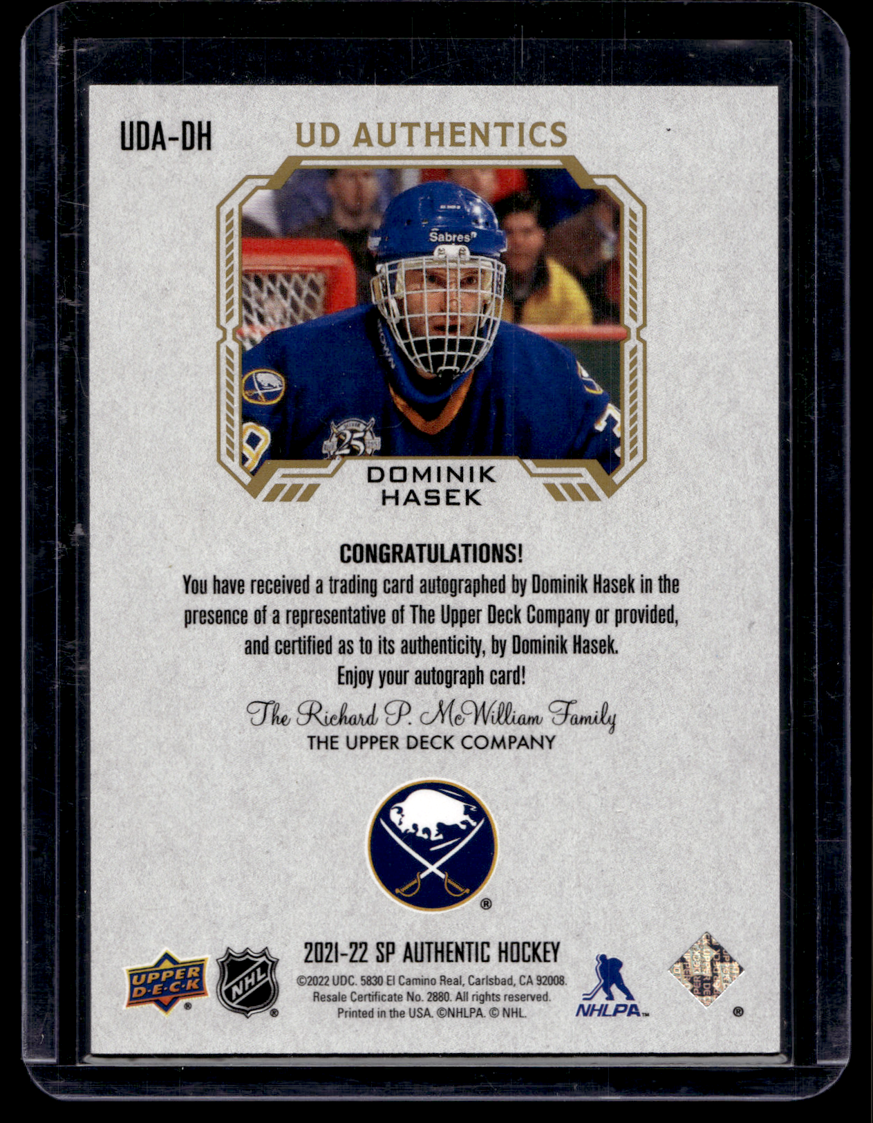 2021-22 Upper Deck SP Authentic - UD Authentics - Dominik Hasek #UDA-DH
