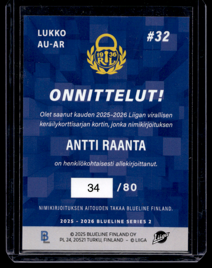2025-26 Blueline Signature Silver - Antti Raanta #AU-AR /80