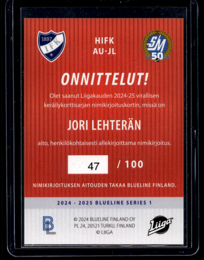 2024-25 Blueline Signature Silver - Jori Lehterä #AU-JL /100